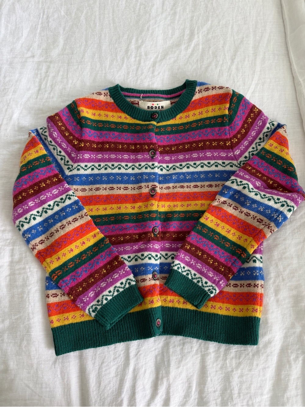Boden Multicolor Fair Isle Cardigan with Green Trim